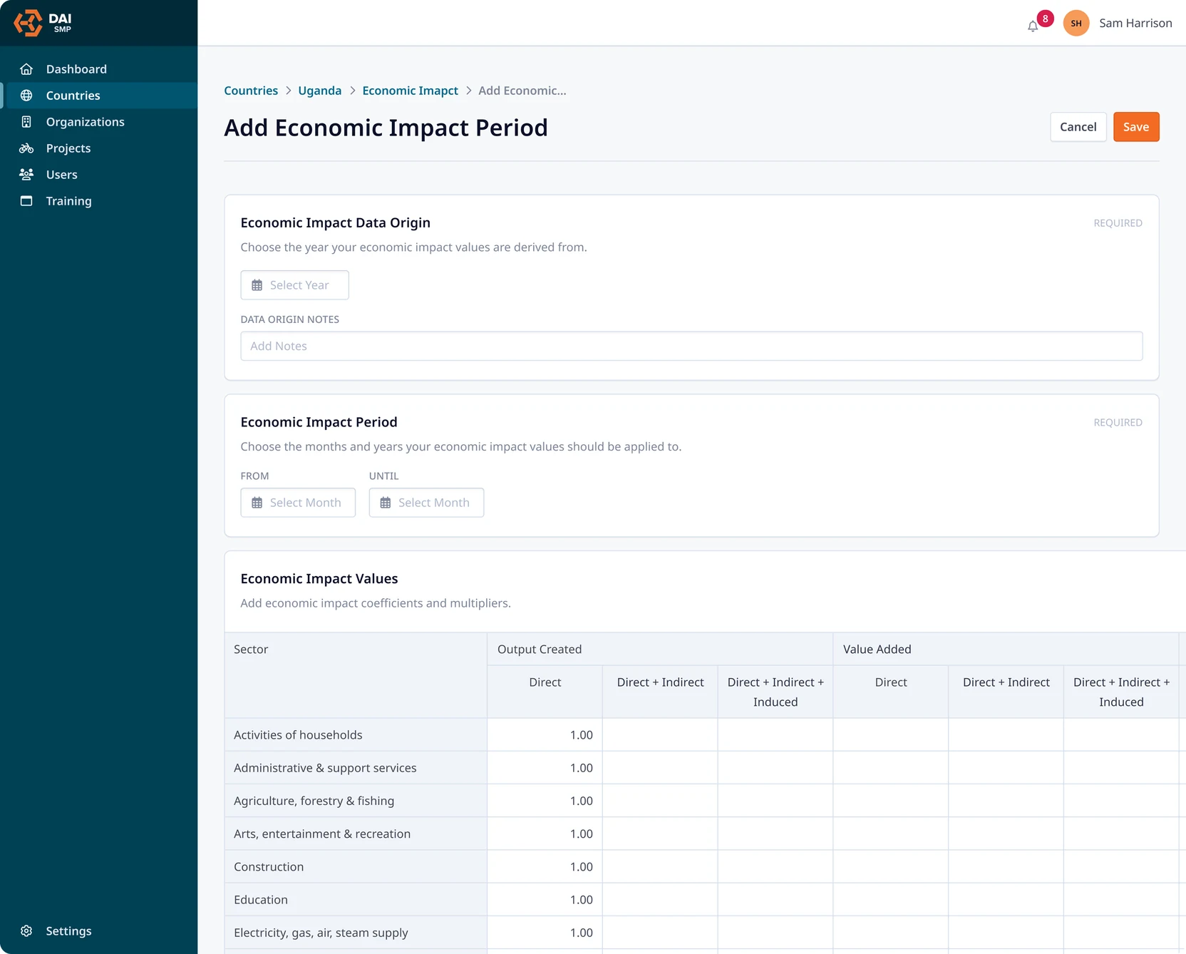 Admin screen for configuring the economic impact model, with editable coefficients per region
