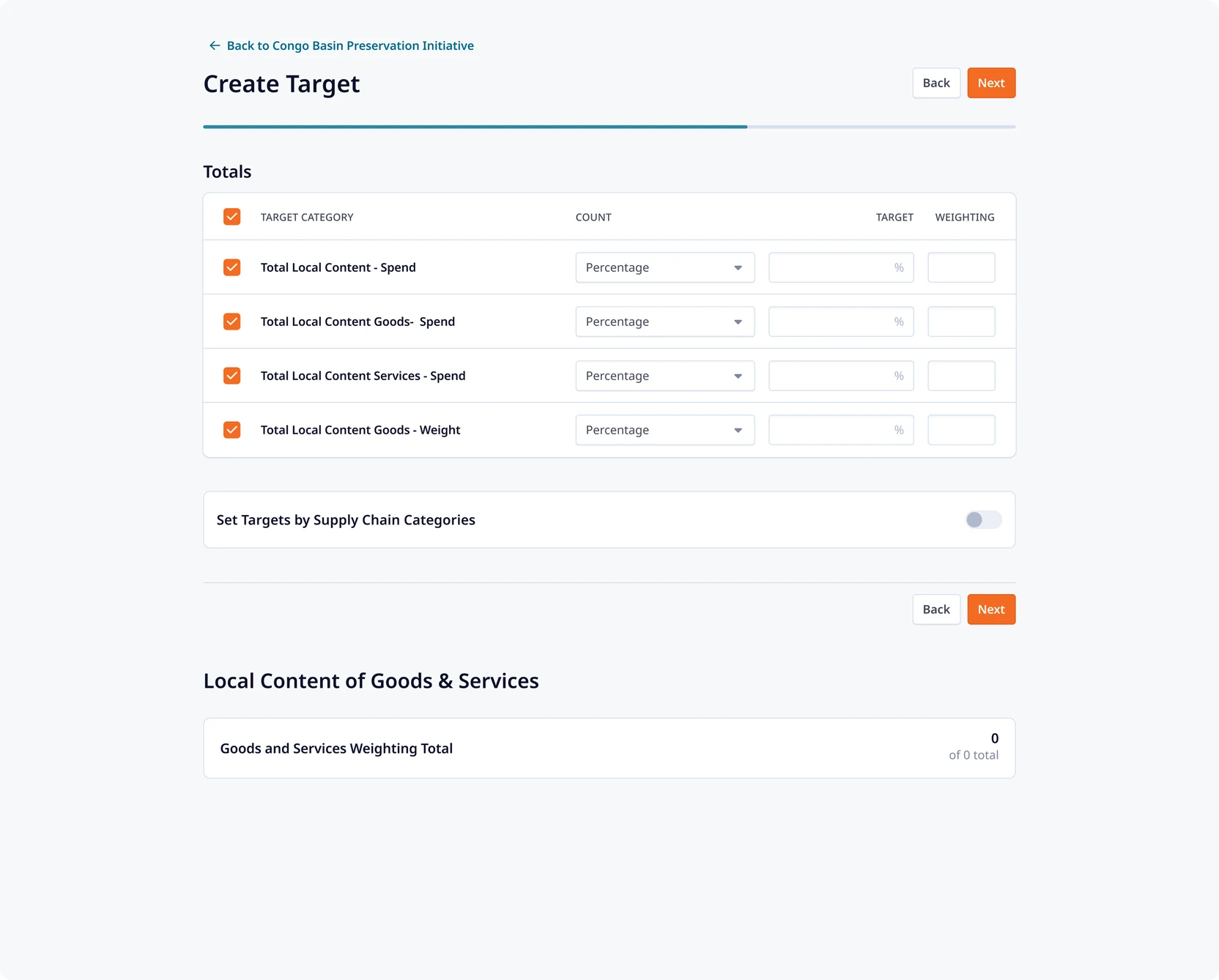 Create Target form, setting local content goals by supply chain category for spend, workforce and goods