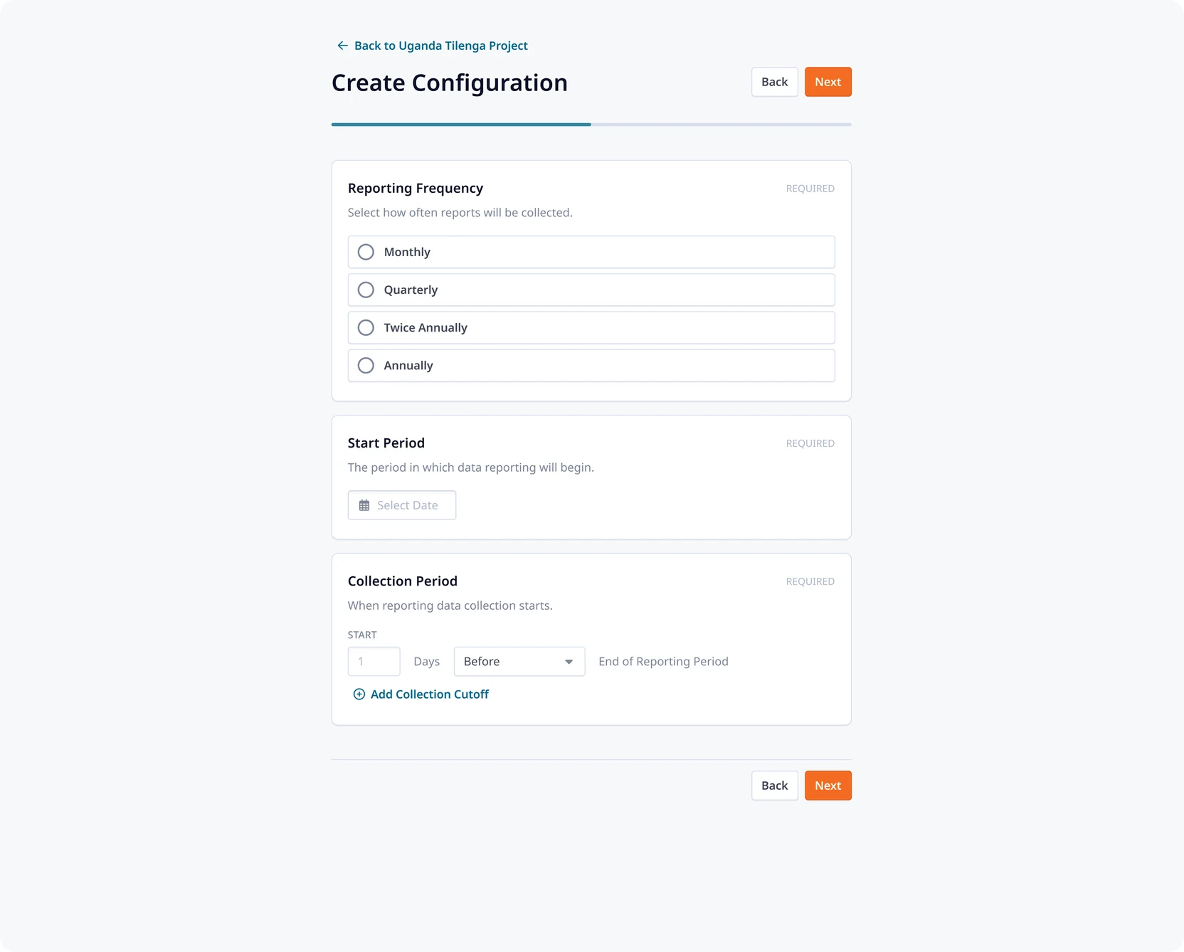 Report Builder initial configuration, setting reporting frequency and cutoff dates