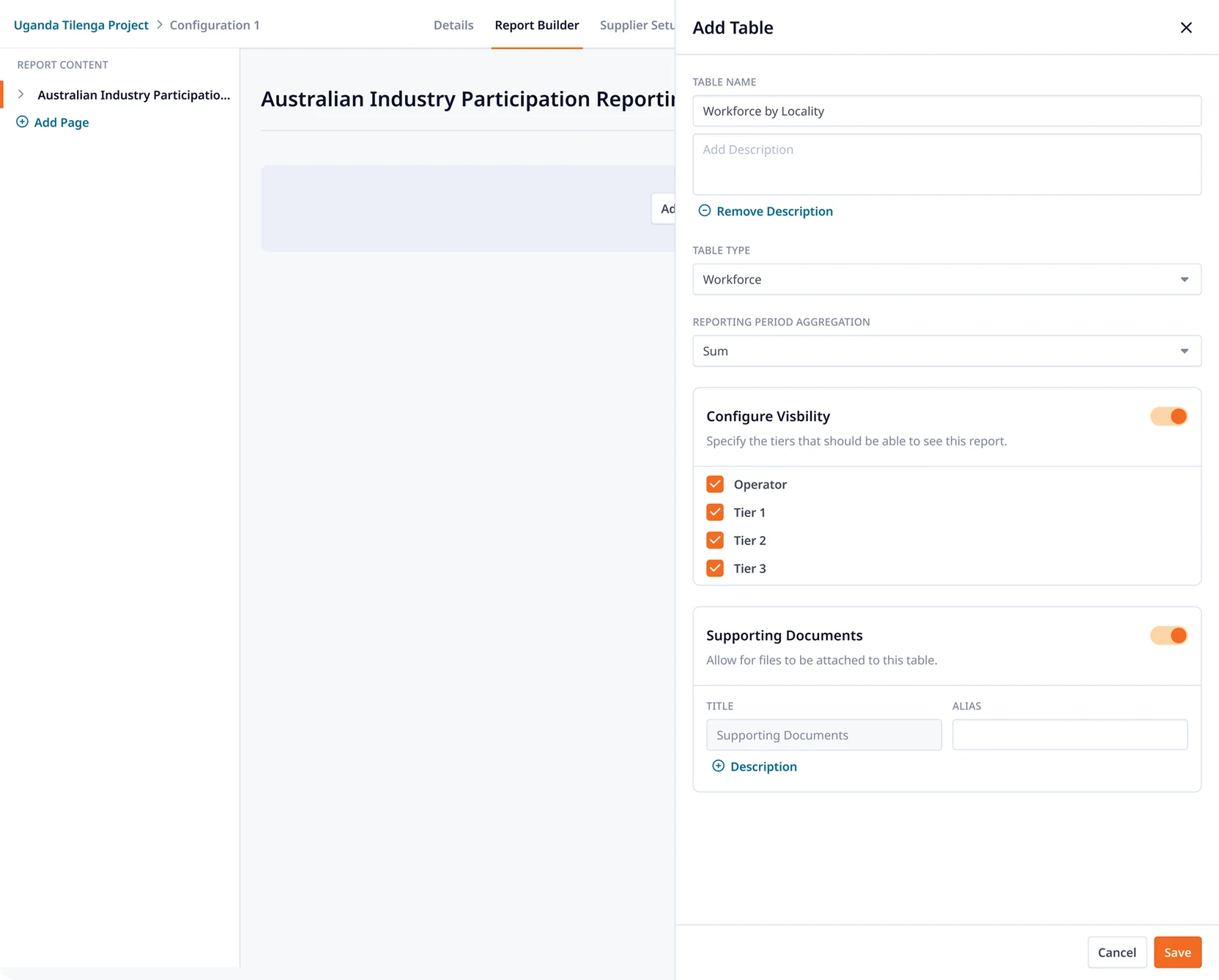 Report Builder table configuration, defining columns and their data types