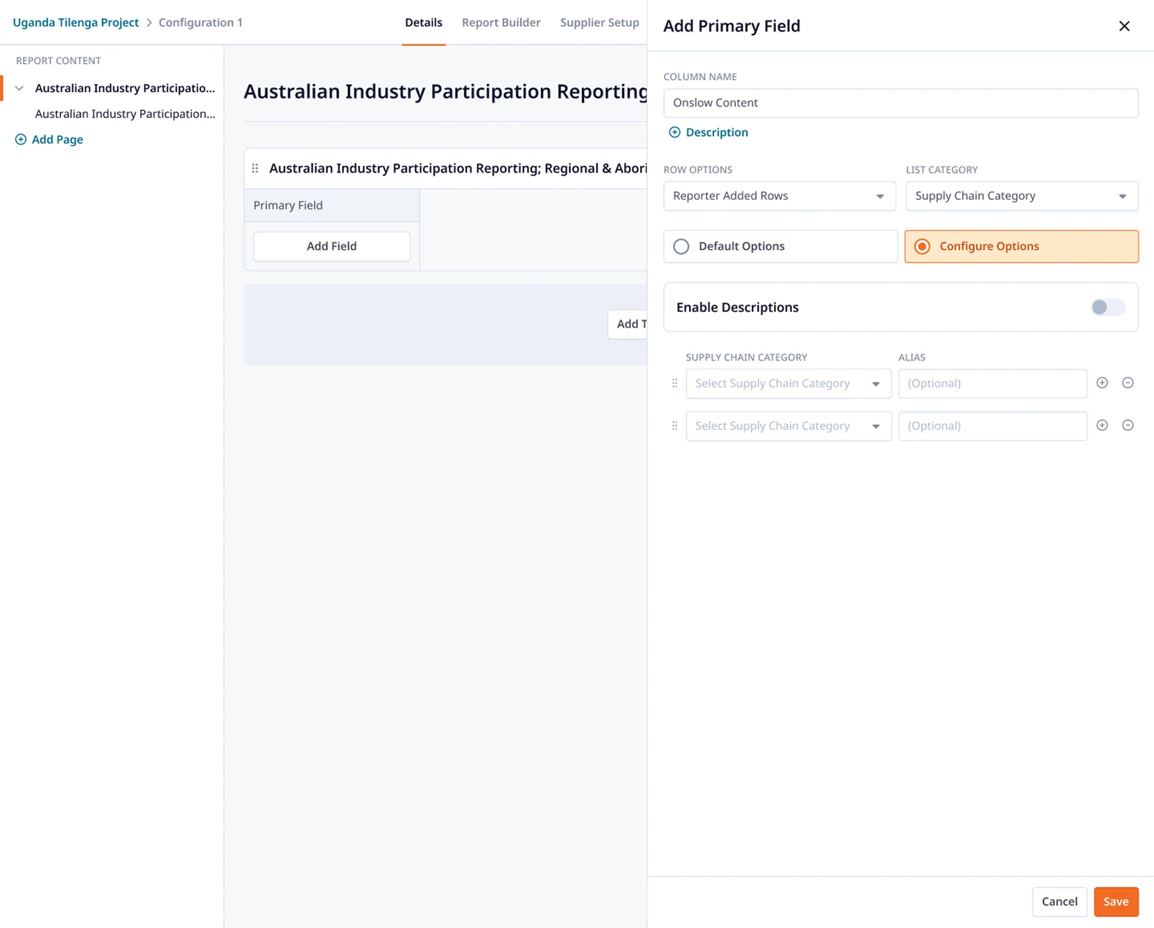Report Builder section setup, grouping related tables into a reporting structure