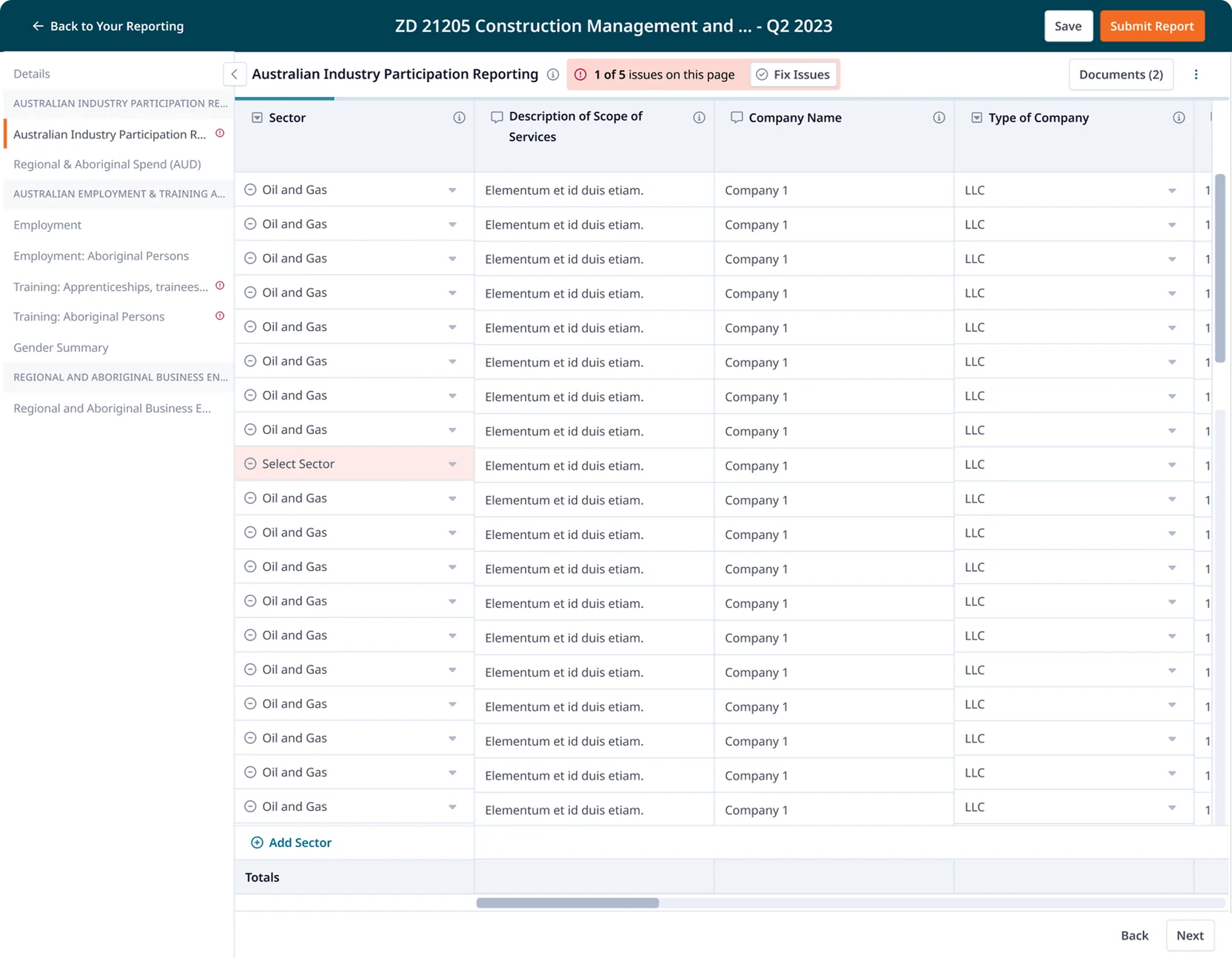 Australian Industry Participation reporting screen with a collapsible left navigation listing report sections, and a single wide data table filling the page