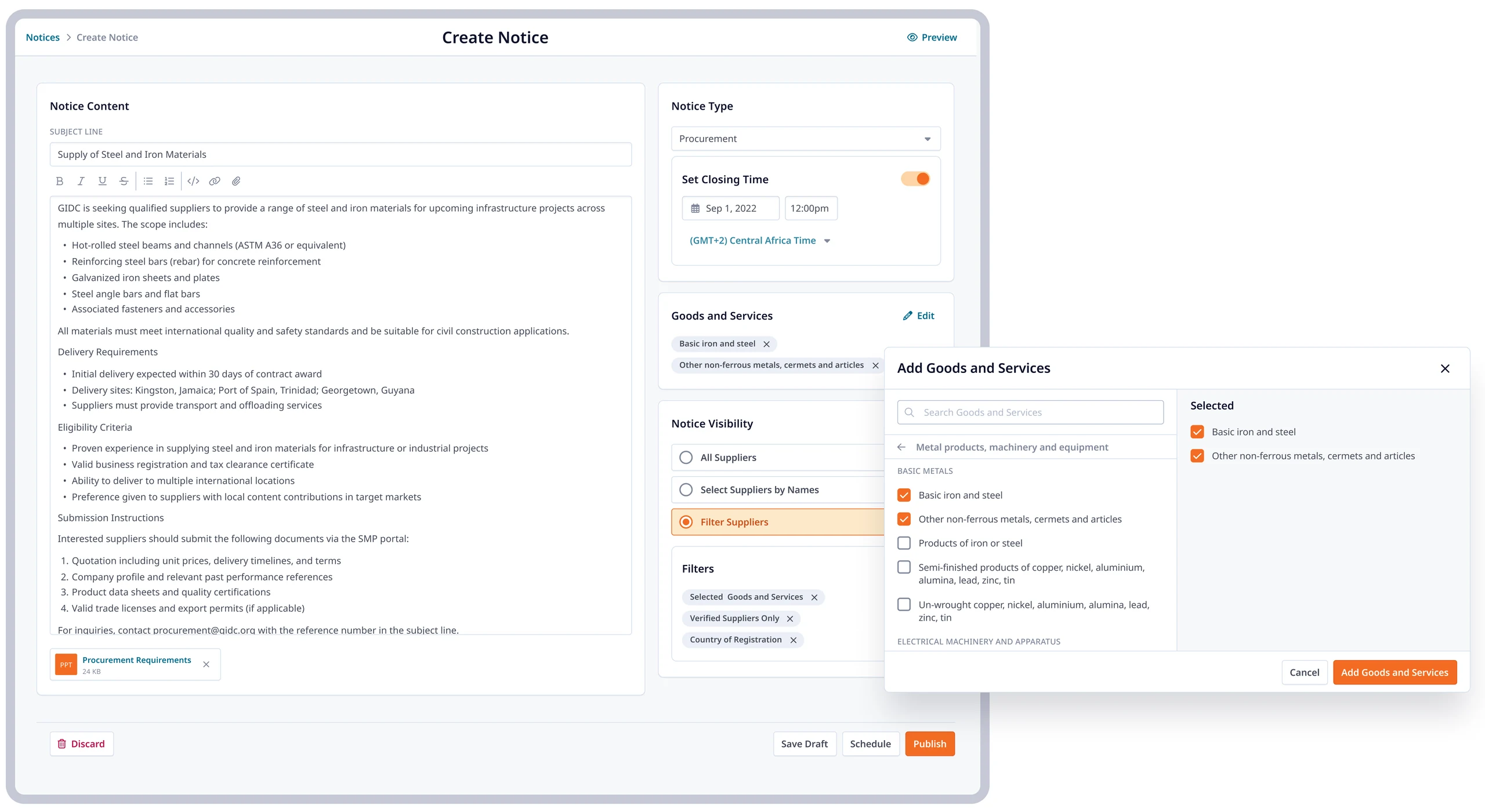 The notice creation screen, with the goods and services tagging modal open over the form and visibility settings in the right rail.