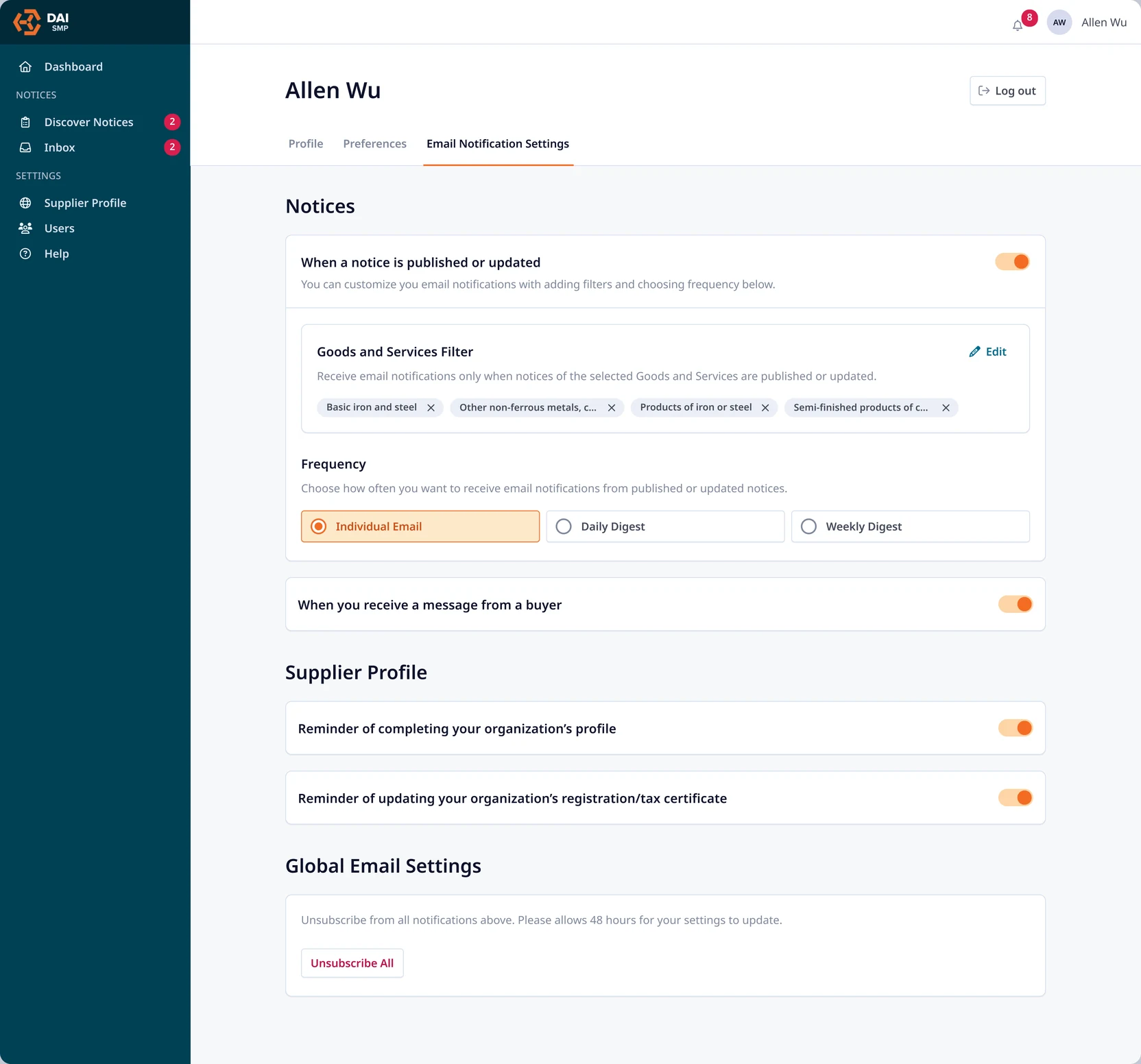 Email notification settings: per-event toggles, a goods and services filter with selected tags, and a frequency choice between individual, daily and weekly.