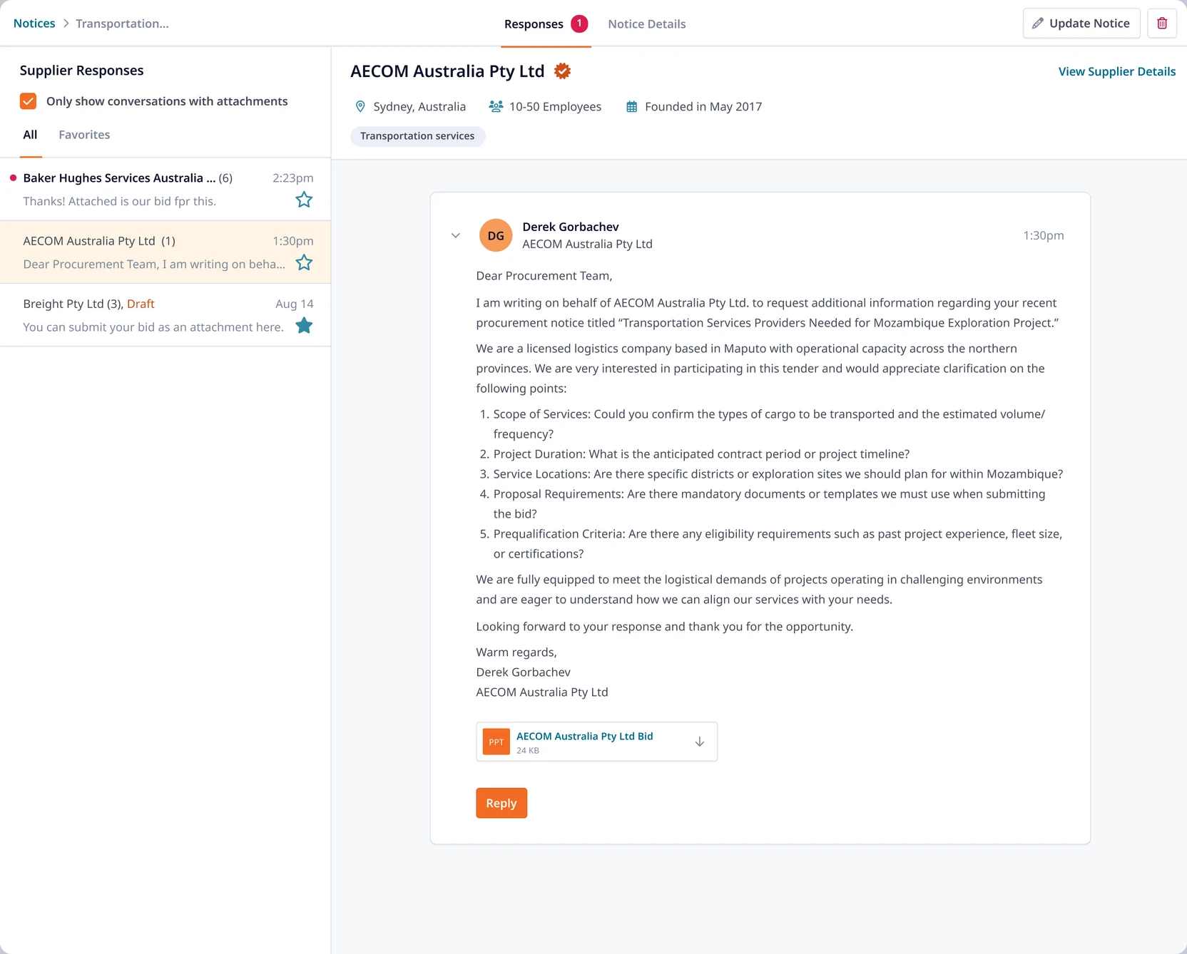 The buyer's response workspace: supplier conversations listed down the left, the selected supplier's details and message thread on the right.
