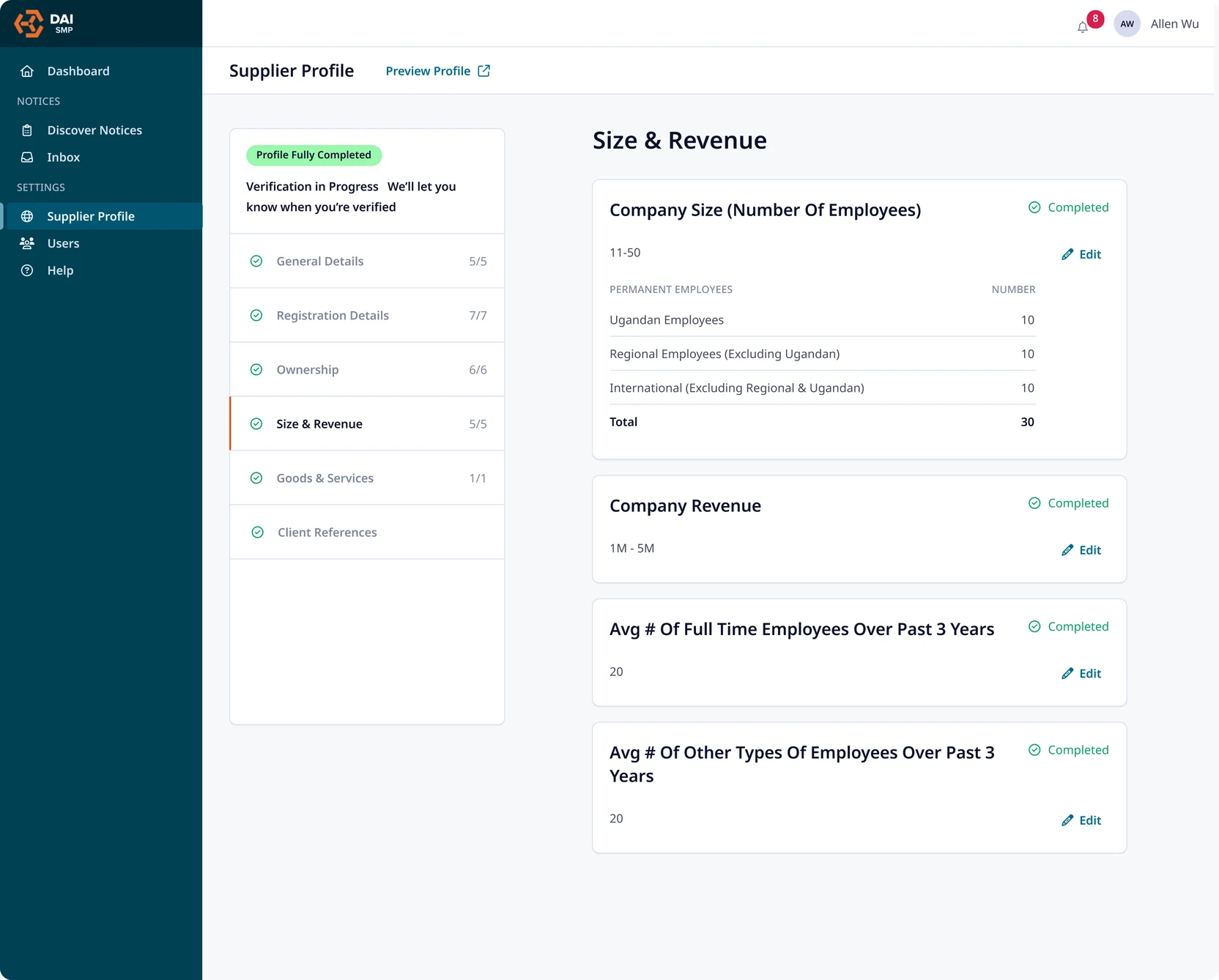 The redesigned supplier profile, with a completeness tracker down the left and the Size & Revenue section broken into four short requirement cards.