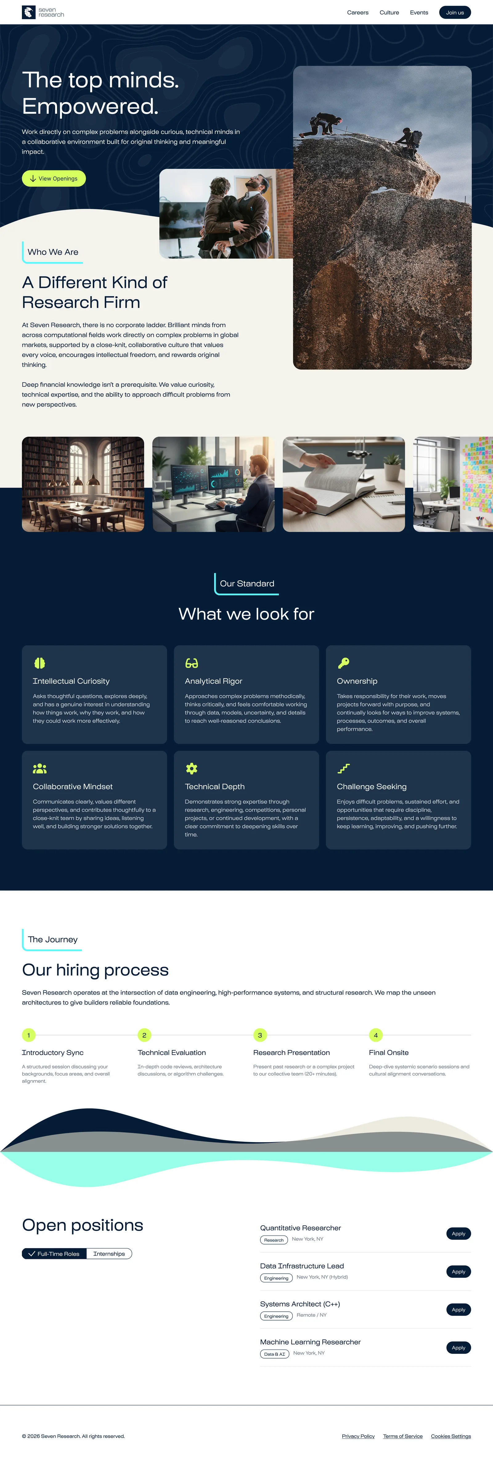 Careers page direction: a navy contour hero with climbing photography, the six behaviours as rounded cards on navy, and a layered wave in the brand colours separating the process from the listings.