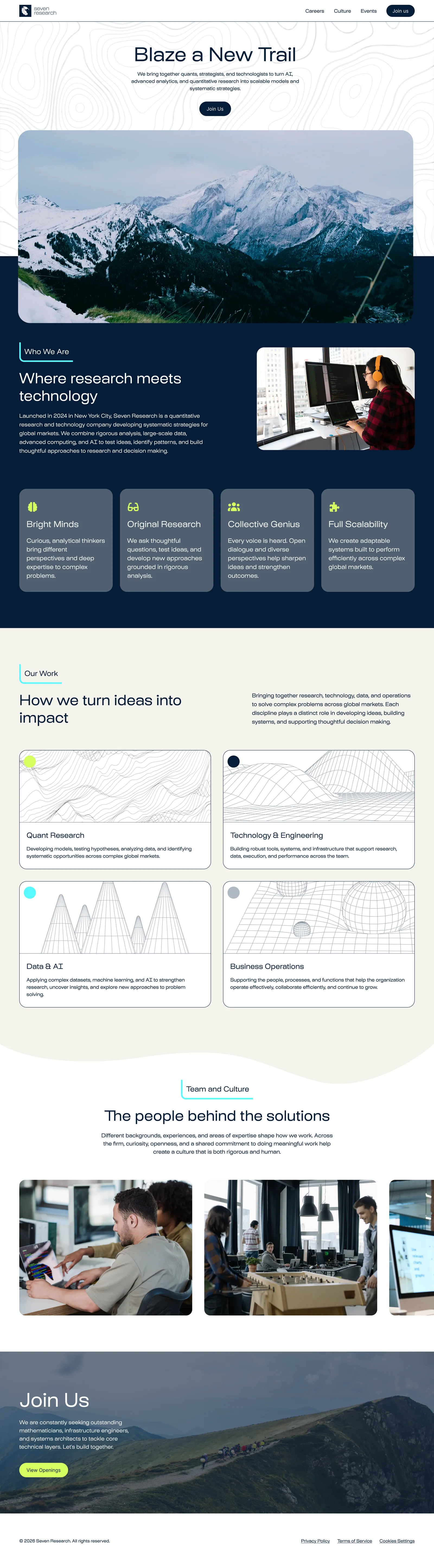 Home page direction: a contour-paper hero with a centred headline, a full-bleed snow massif straddling the seam into navy, four pillar cards on navy, and a beige work section of wireframe-surface cards above a wave transition.