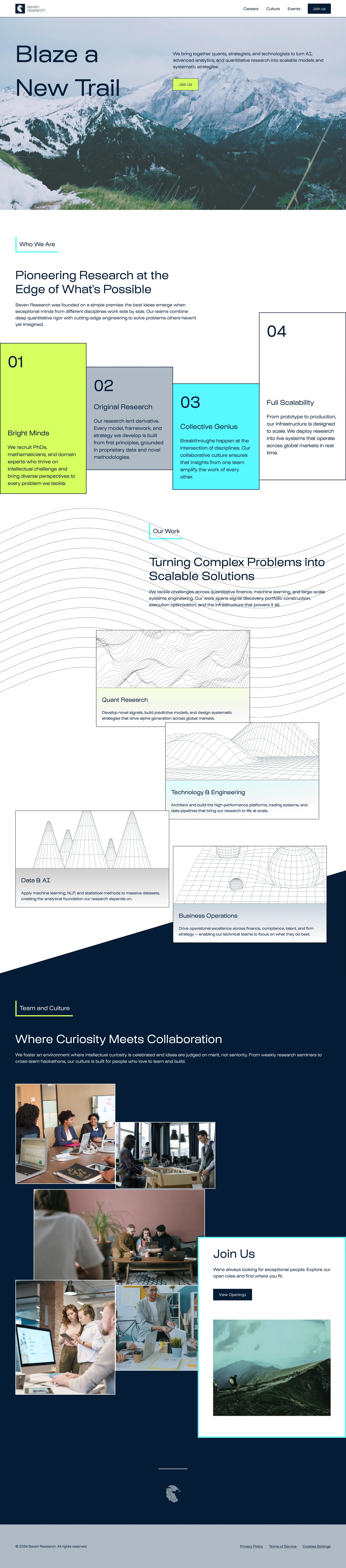 Home page direction: a full-bleed mountain hero, the four pillars as numbered planes in lime, gray, cyan and outline overlapping on a rising diagonal, four wireframe surfaces cascading down a contour ground, and a layered photo mosaic with the Join Us card cut into it.