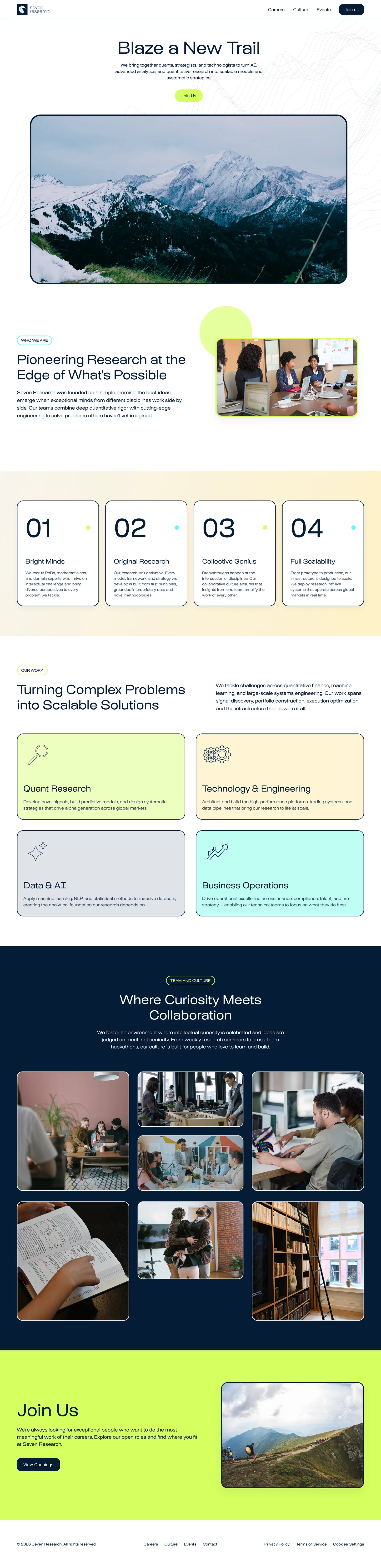 Home page direction: rounded throughout, with outlined pill badges, four white pillar cards carrying oversized numerals on a warm gradient band, a two-by-two of soft tinted cards with outline icons, a photo mosaic on navy and a full lime call to action.