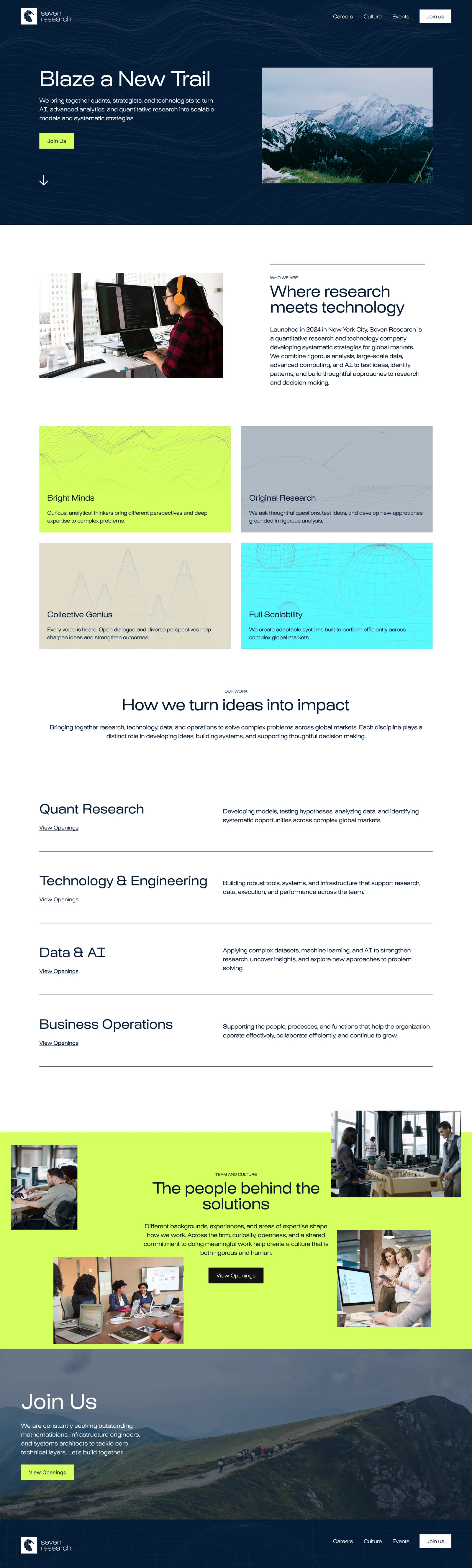 Home page direction: a navy contour hero, the four pillars as a two-by-two of flat lime, gray, beige and cyan fields each carrying a wireframe surface, the disciplines set as a ruled list, and a photo mosaic breaking out of a full-bleed lime culture band.