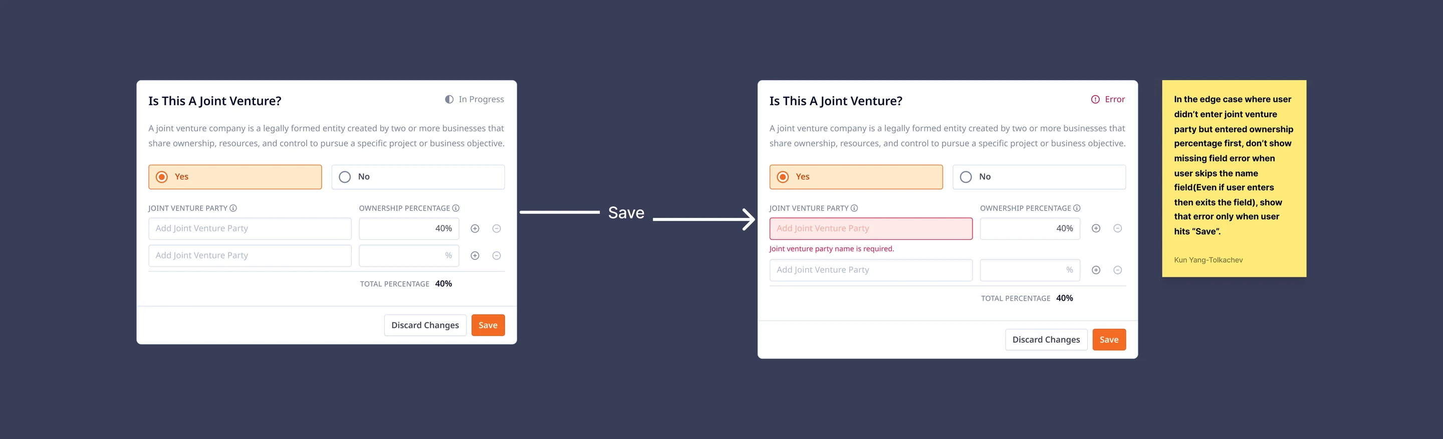 The empty-field edge case: a joint venture party left blank while its ownership percentage is filled, with the missing-field error held back until the user hits Save.