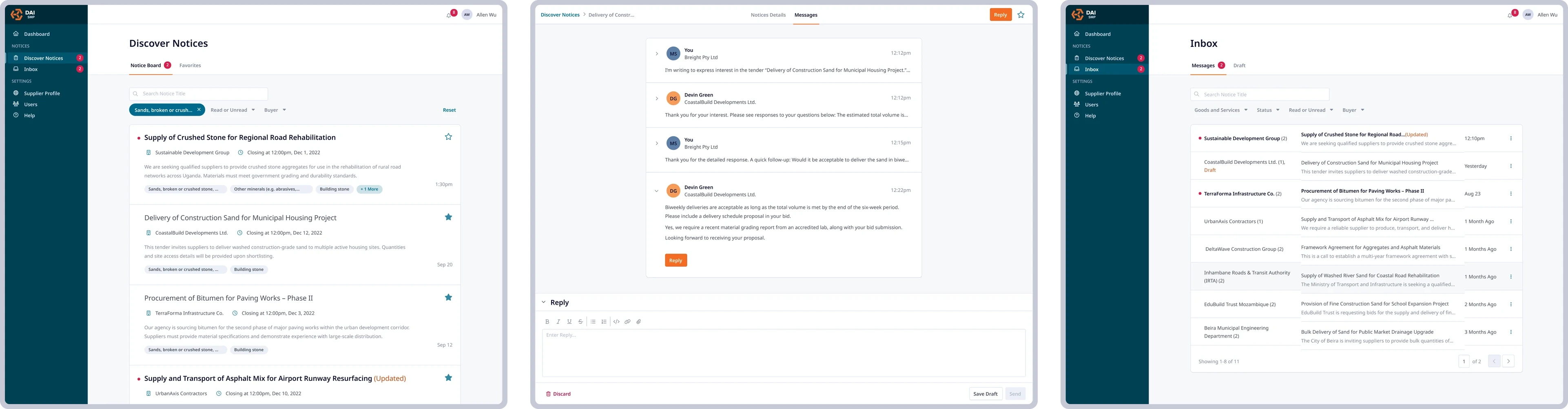 The three supplier views side by side: discover notices with filters, a threaded response view, and the message inbox.